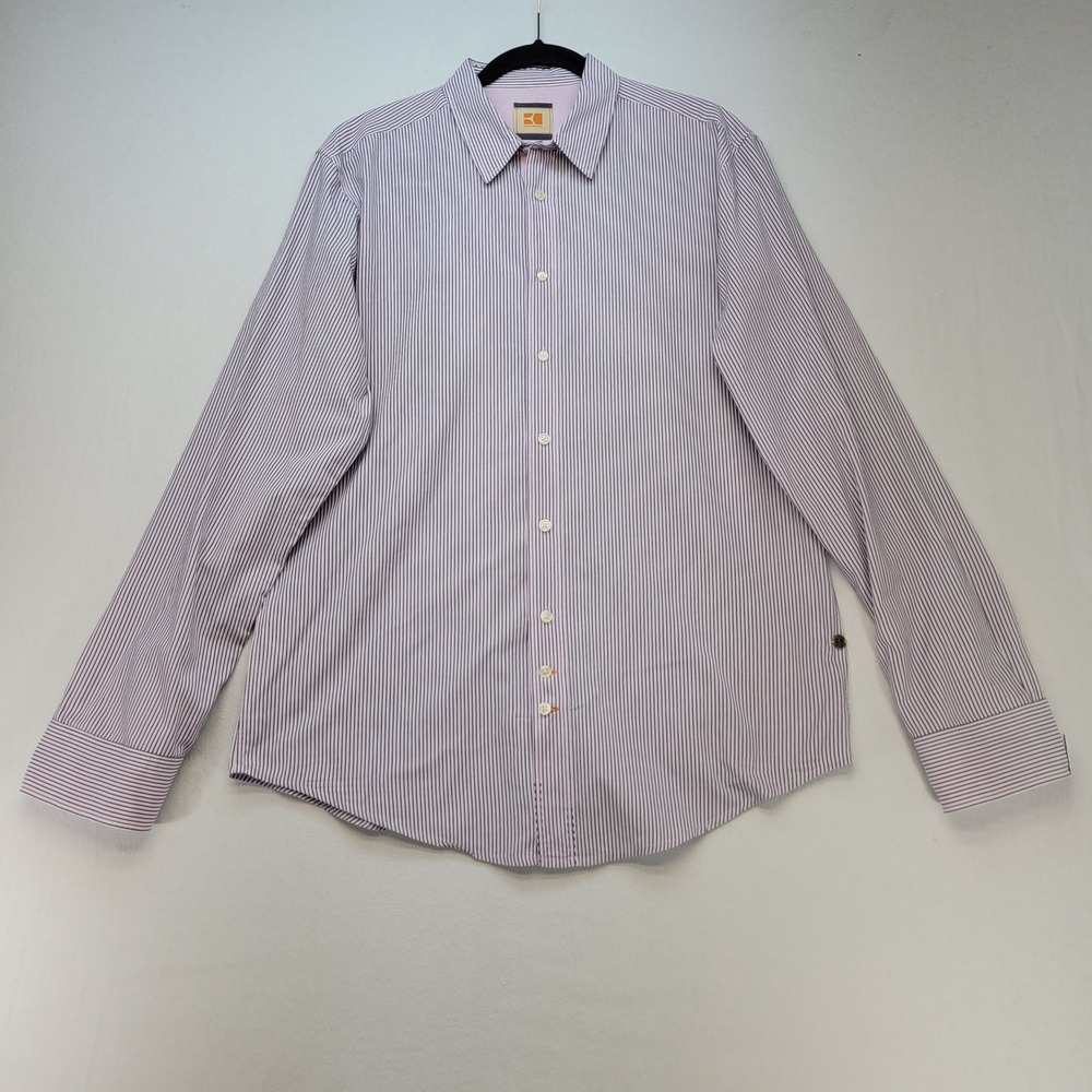 Hugo Boss Orange Button Up Mens XL Pink Striped Long Sleeve Cotton Cliffe Shirt